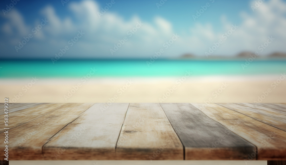 Empty wooden table with blurred sea background.