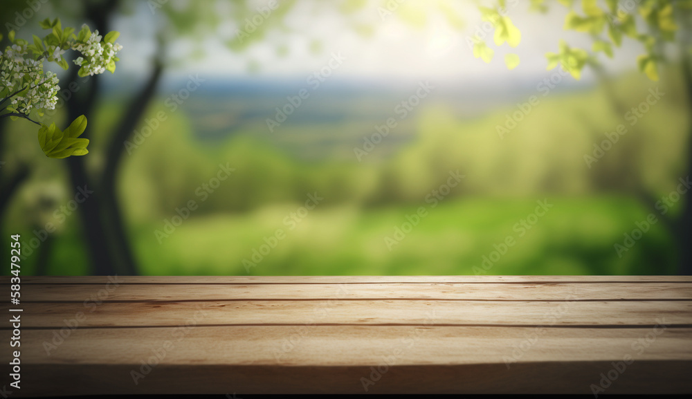 Empty wooden table with blurred spring background. Empty wooden table with blurred spring background.