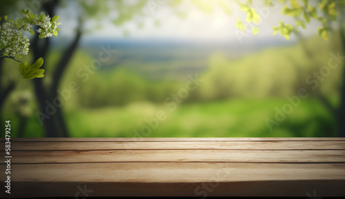 Empty wooden table with blurred spring background.