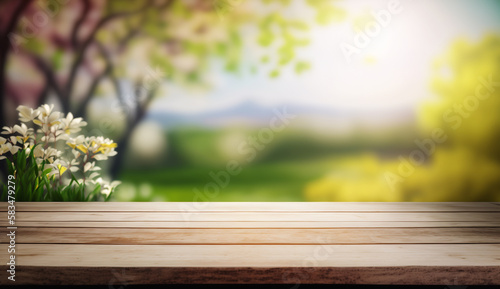 Empty wooden table with blurred spring background. © Артур Комис