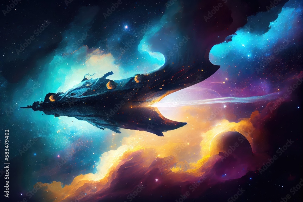 spaceship floating past nebula, with stars shining in the background ...