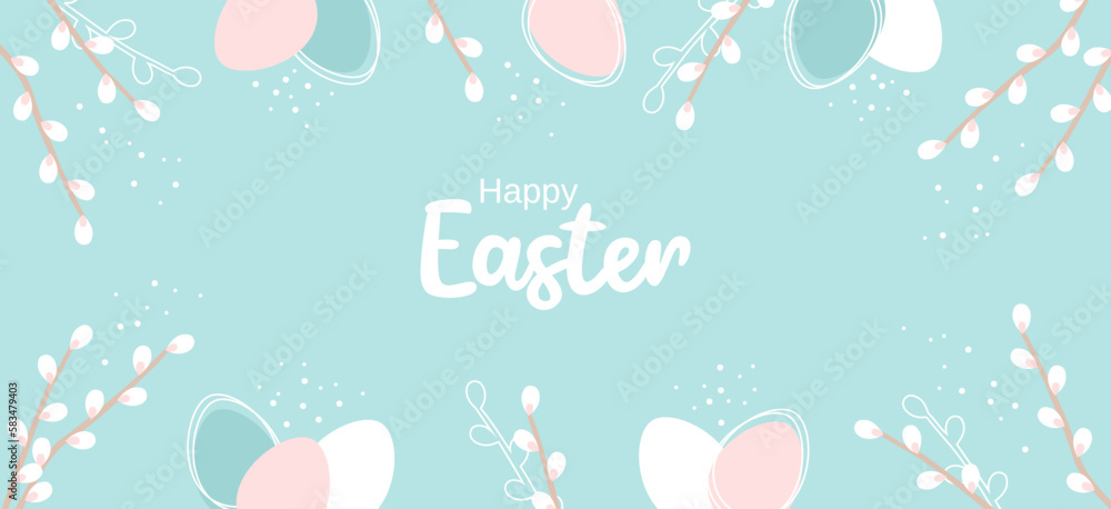 Easter banner with typography and a frame of Easter eggs and willow blossom branches in pastel colors. Vector illustration in flat style