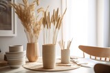 Interior design includes potted straws with pebbles, dry plants, ornaments, ears, sheaves of wheat, and branches in vases over cozy, sustainable dining and living rooms. Generative AI