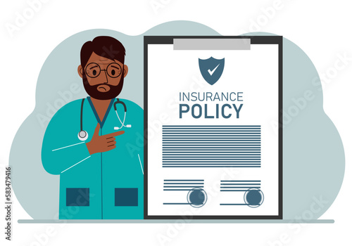 Male doctor next to the insurance policy.