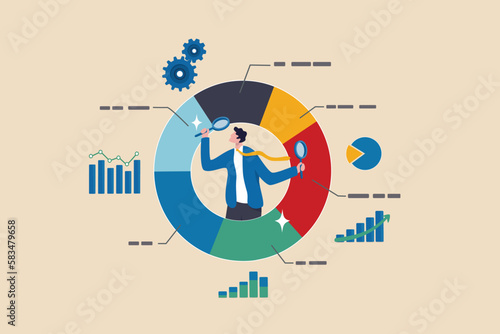 Analyze data, financial research analytics, data analysis, chart and graph or diagram, database report or predictive visualization concept, businessman with magnifying glass analyzing pie chart data.