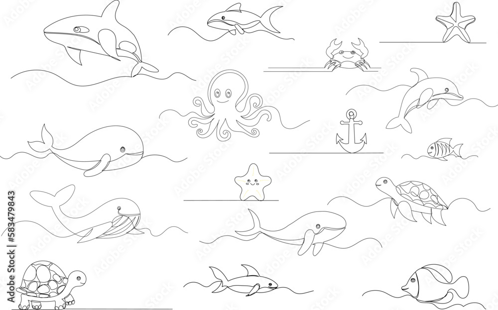marine life set drawing by one continuous line, vector