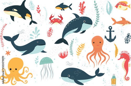 set of sea animals, fish, whales, octopuses vector