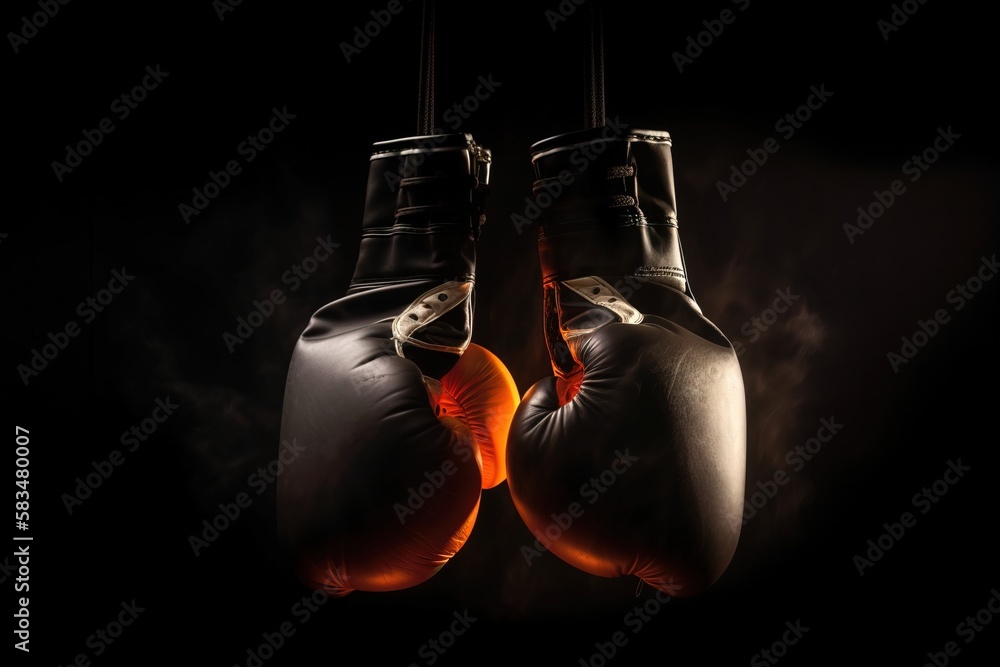 Black boxing gloves with cinematic light with dark background. Concept: ready to fight. Genrative ai.