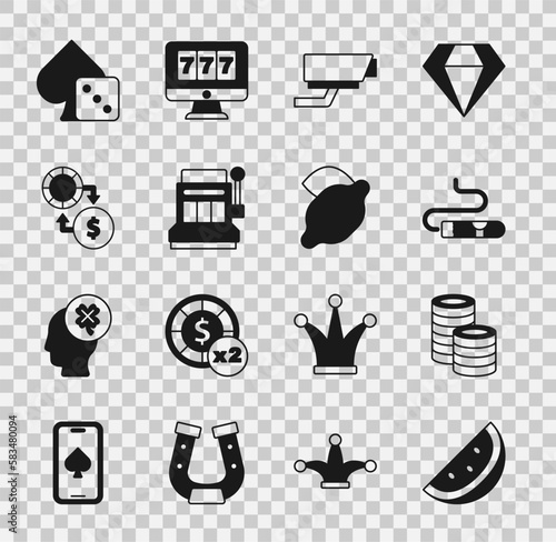 Set Casino slot machine with watermelon, chips, Cigar, Security camera, Slot, exchange money, Game dice and lemon icon. Vector