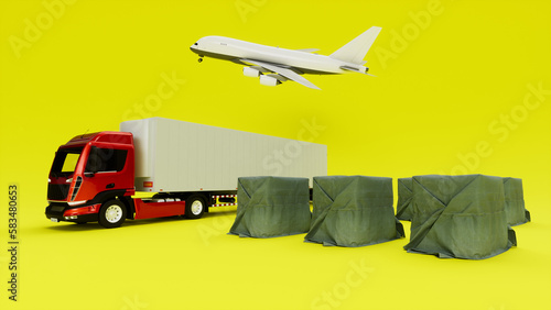 truck with cargo, truck isolated, truck isolated on white, cargo, isolated airplane and truck used for cargo, white airplane and truck on yellow ground and background, shipping, transportation