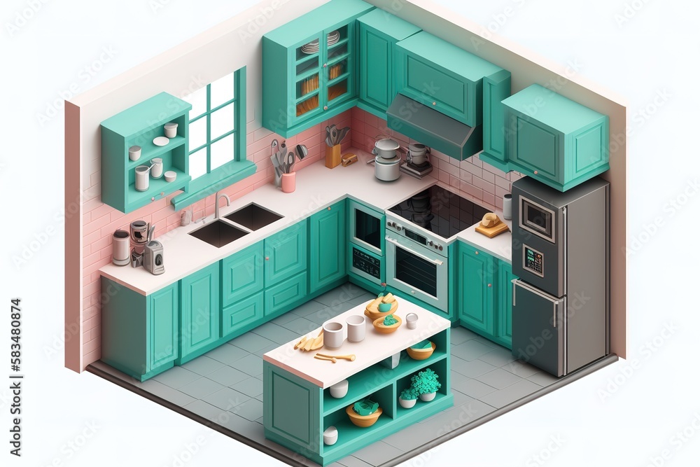 3D isometric contemporary style modern kitchen concept turquoise, generative AI