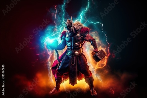 An illustration of Thor, the God of Thunder in Nordic culture, The main god of vikings with his hammer in colorful flames. Generative ai