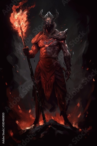 An illustration of a God of. Fire, standing with his magical sorcerer's rod in flames. and dark background Generative ai