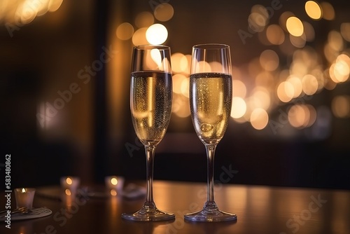 A couple of champagne glasses. A romantic luxury restaurant decorated in Saint Valentine's Day with candles and lights. Generative ai. 