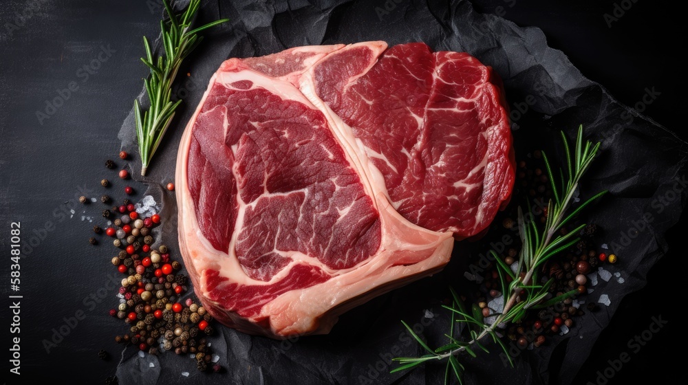 Raw Ribeye steak with pepper, seasoning and green rosemary on blackboard. Generative AI