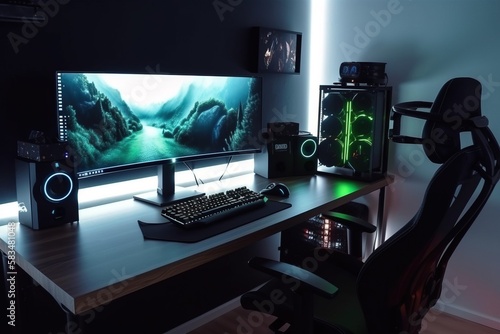 Gaming set up for a gamer or streamer with neon and leds. Concept: A place to play video games and to stream. Generative ai