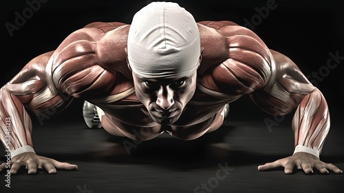 Human anatomy during a push-up  showing the muscles used such as pectoralis major  triceps brachii  and deltoids. Effective upper body strength training example. Generative AI