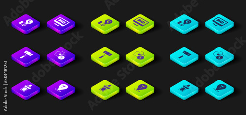 Set Auction auctioneer sells, hammer, jewelry sale, Online and Hand holding paddle icon. Vector