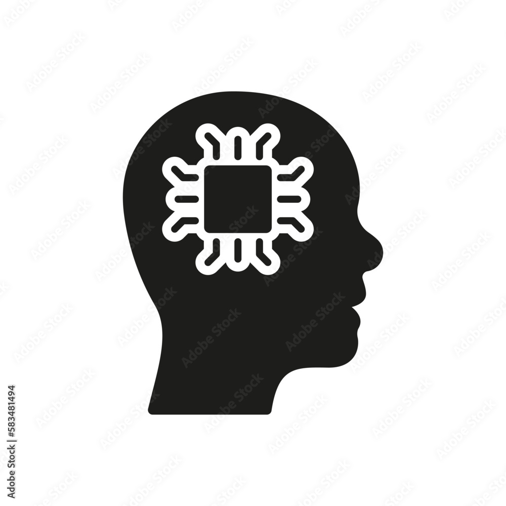 AI, Innovation Neuroscience Concept Solid Sign. Human Head and Technology Chip Silhouette Pictogram. Artificial Intelligence Icon. Isolated Vector Illustration AI, Innovation Neuroscience Concept Solid Sign. Human Head and Technology Chip Silhouette Pictogram. Artificial Intelligence Icon. Isolated Vector Illustration