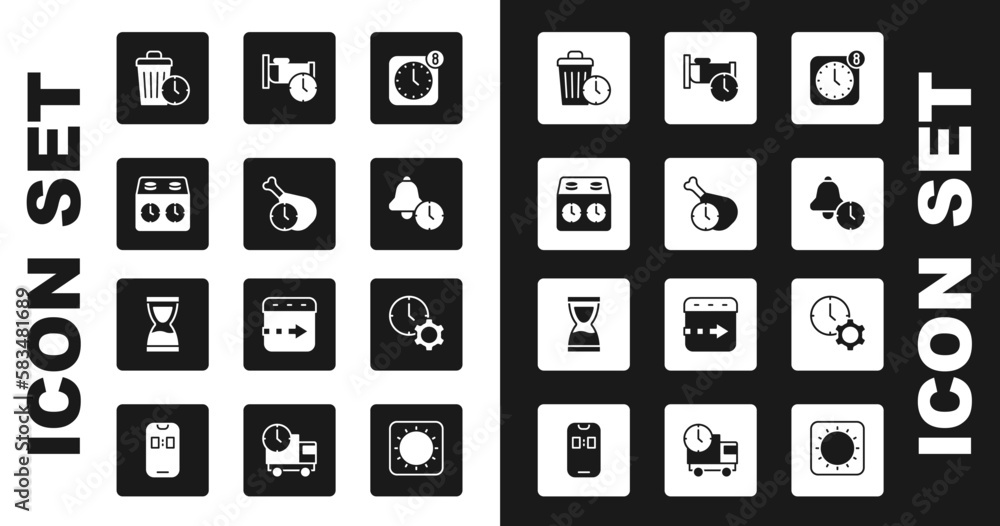 Set Alarm clock app mobile, Food time, Time chess, Waste of, to sleep, management and Old hourglass icon. Vector Set Alarm clock app mobile, Food time, Time chess, Waste of, to sleep, management and Old hourglass icon. Vector