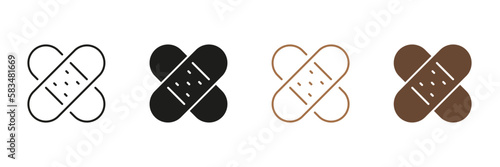 Sticky Bandage for Wound Recovery Pictogram. Tape for First Aid, Medical Plaster Line and Silhouette Icon Set. Adhesive Band, Emergency Black and Color Symbol Collection. Isolated Vector Illustration