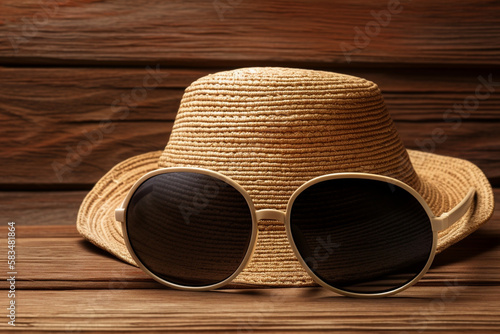 Sraw hat and sunglasses wooden background, concept of travel and tourism.