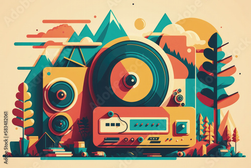 Flat retro design: Vintage music player with records and colorful musical abstractions in mountains | Generative AI Production