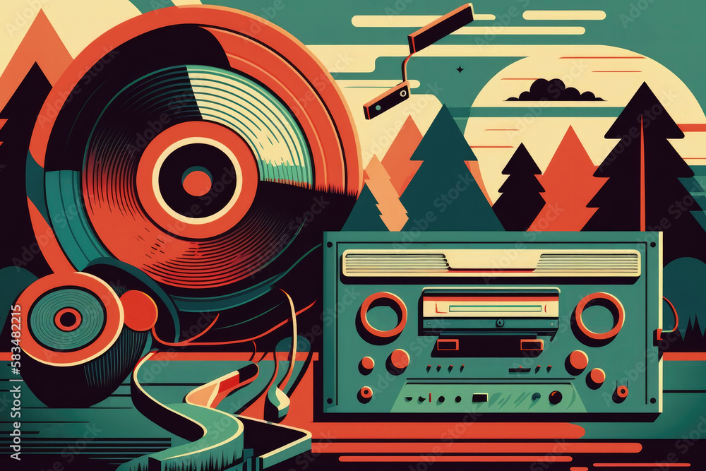 Flat retro design: Vintage music player with records and colorful musical abstractions in the forest | Generative AI Production