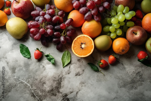 Delicous and healthy organic biological fruit collection on marble table background, top view.