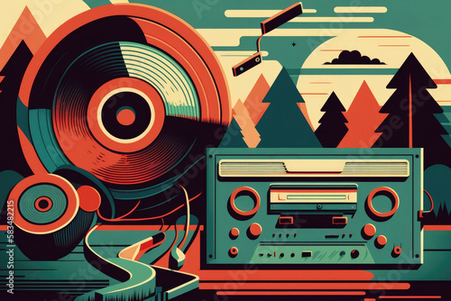 Flat retro design  Vintage music player with records and colorful musical abstractions in the forest   Generative AI Production