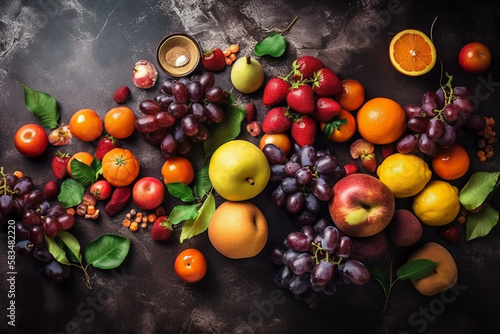 Delicous and healthy organic biological fruit collection on marble table background, top view.