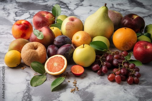 Delicous and healthy organic biological fruit collection on marble table background  top view.