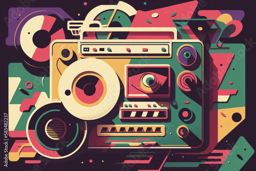 Flat retro design: Vintage music player with colorful musical abstractions | Generative AI Production