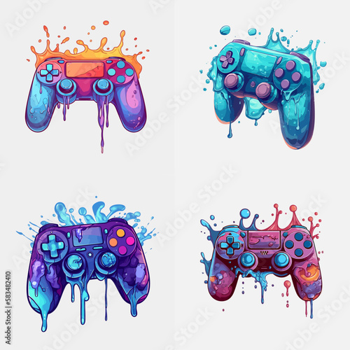 Set of melting video game controllers. Console gamepad vector isolated. Vivid splashes of colors.