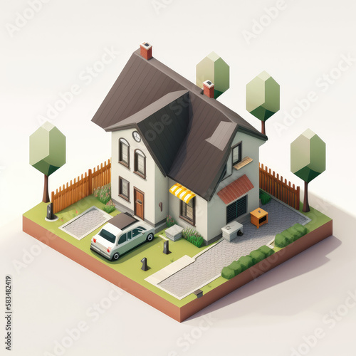 Modern isometric house model with land isolated on white background. Generative AI.