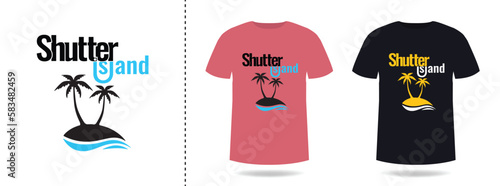 T-shirt design with typography and tropical island for print, apparel and clothing.