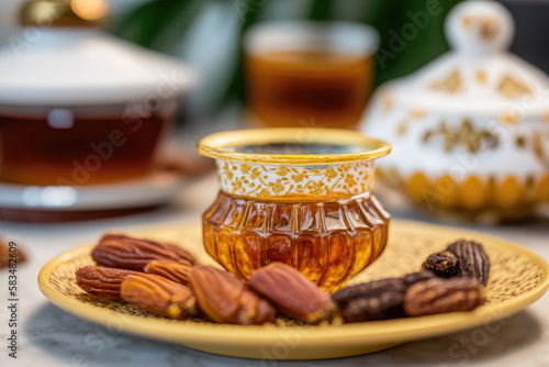 Close up variety of table with arabic food during iftar meal on ramadan AI generated