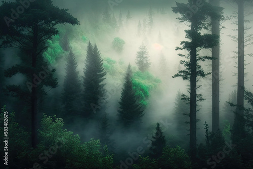 Dark rainforest sun rays through trees with dense fog digital illustration AI generated © Oleksandr