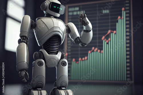 Cyborg robot standing in front of a stock, crypto or forex chart. Concept of AI trading bot, machine learning artificial intelligence.