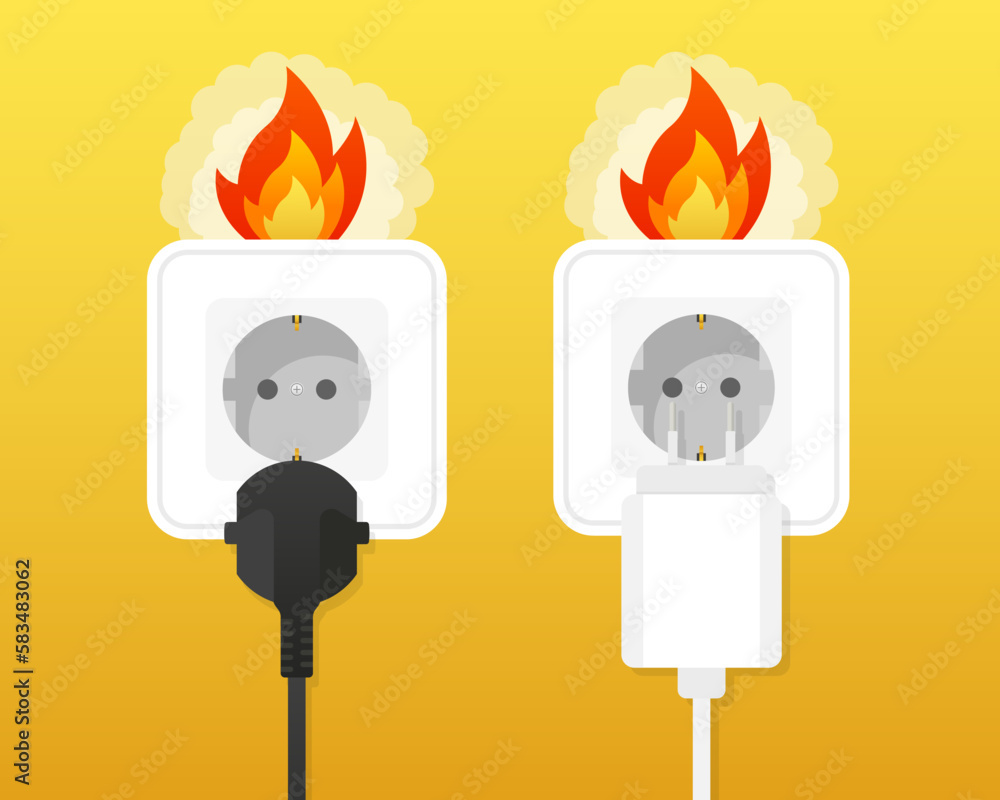 Electrical outlet with plug on fire. Overload of network. Short circuit