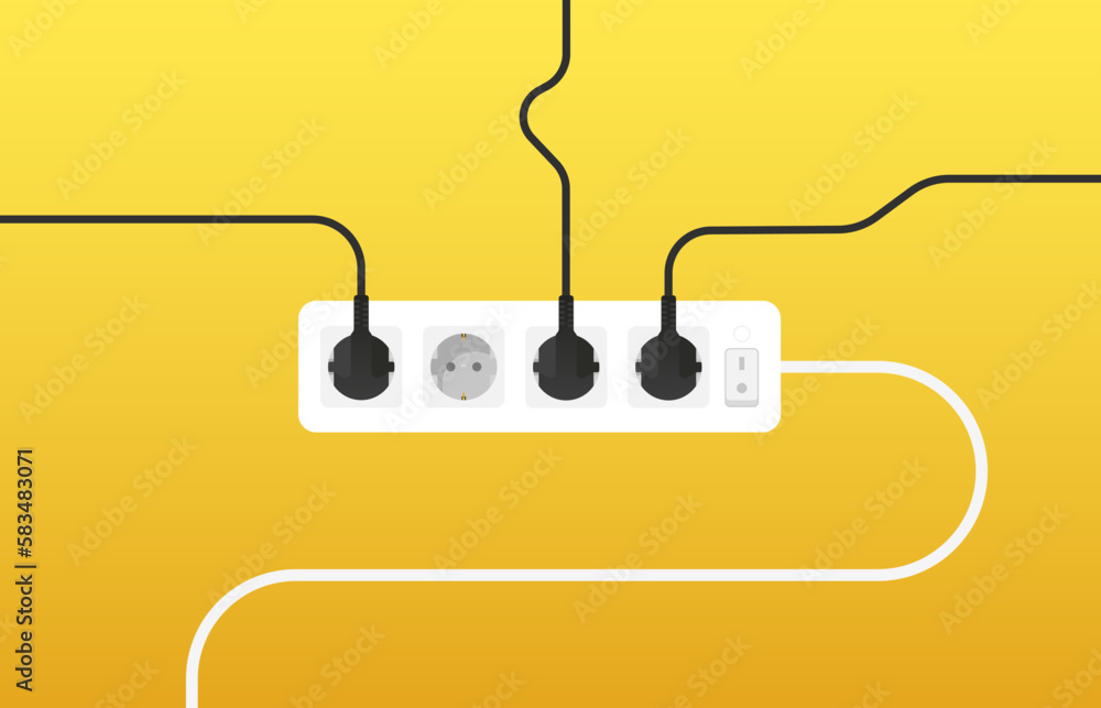 Cables from several extension cords, electrical wires and chargers on a yellow background. Cable clutter. Cable management. Electric socket and many plugs with wires. Flat design. Vector illustration Cables from several extension cords, electrical wires and chargers on a yellow background. Cable clutter. Cable management. Electric socket and many plugs with wires. Flat design. Vector illustration