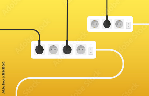 Cables from several extension cords, electrical wires and chargers on a yellow background. Cable clutter. Cable management. Electric socket and many plugs with wires. Flat design. Vector illustration