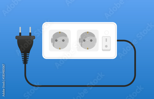 Socket with plug and shadow on blue wall. Abstract background with electric plug, wire and wall socket. Concept of power outage. European socket technology. Home electric. Vector illustration