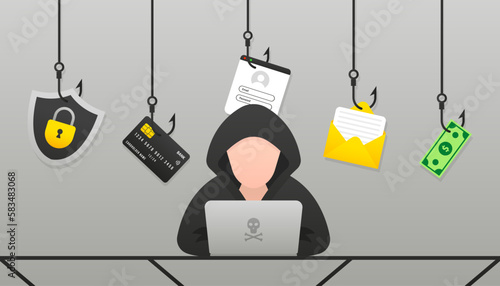 Hackers and cybercriminals phishing, identity theft, user login, password, documents, email and credit card. Hacking and web security. Internet phishing concept. Flat design. Vector illustration