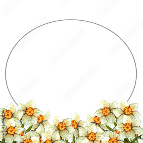 Watercolor frame easter with daffodil. Spring floral illustration isolated on transparent background.
