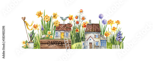 Flower street with a spring garden, daffodils, hyacinths, primroses, birdhouses, old houses and birds. Fairy tale watercolor illustration. Flowers, cups and houses.