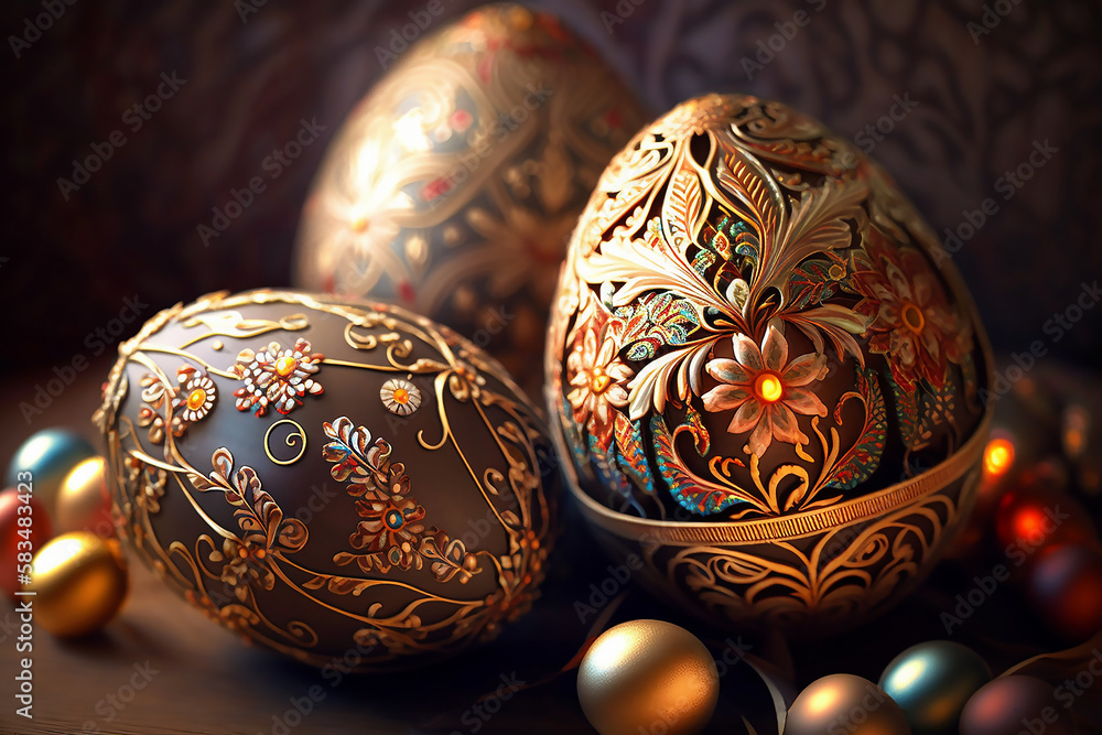 Easter eggs painted in bright floral ornaments lie on the table in a basket. Generated by AI technology Easter eggs painted in bright floral ornaments lie on the table in a basket. Generated by AI technology