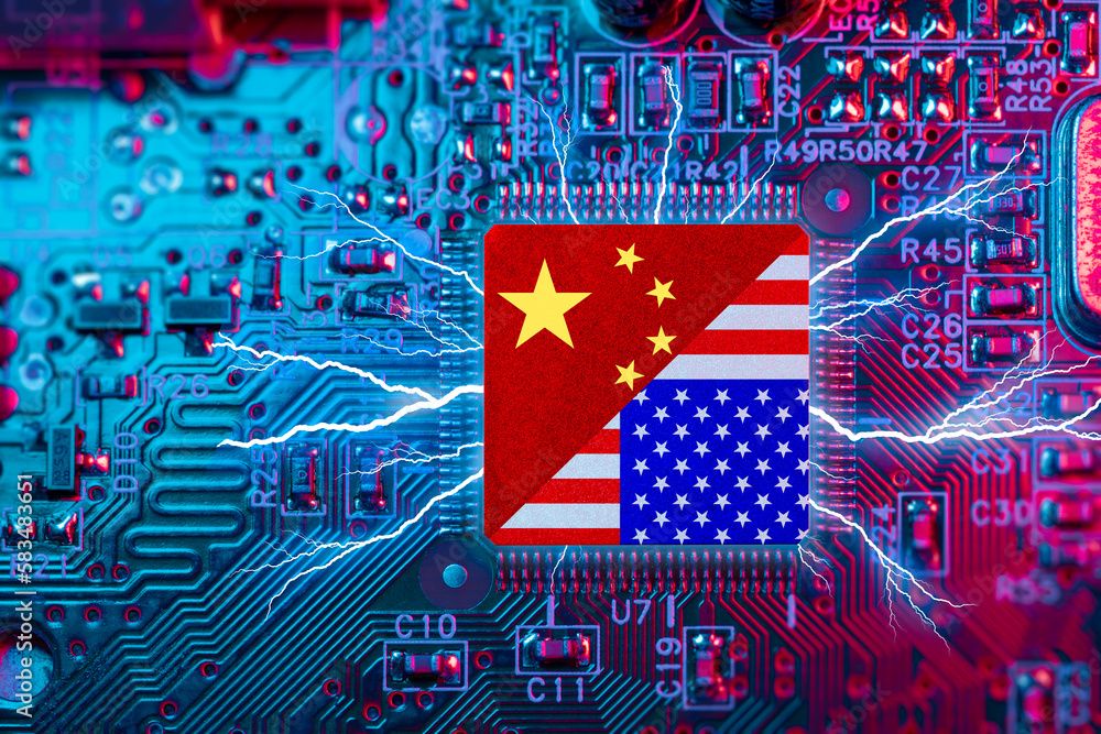 Flag USA and China on Computer CPU. Chip War Crisis, Global semiconductor technology factory