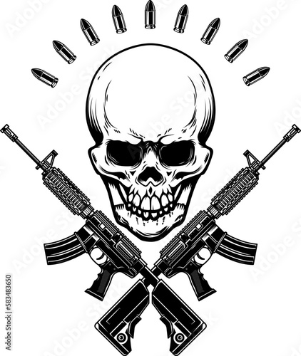 Illustration of the skull with crossed assault rifles. Design element for logo, label, sign, emblem. Vector illustration
