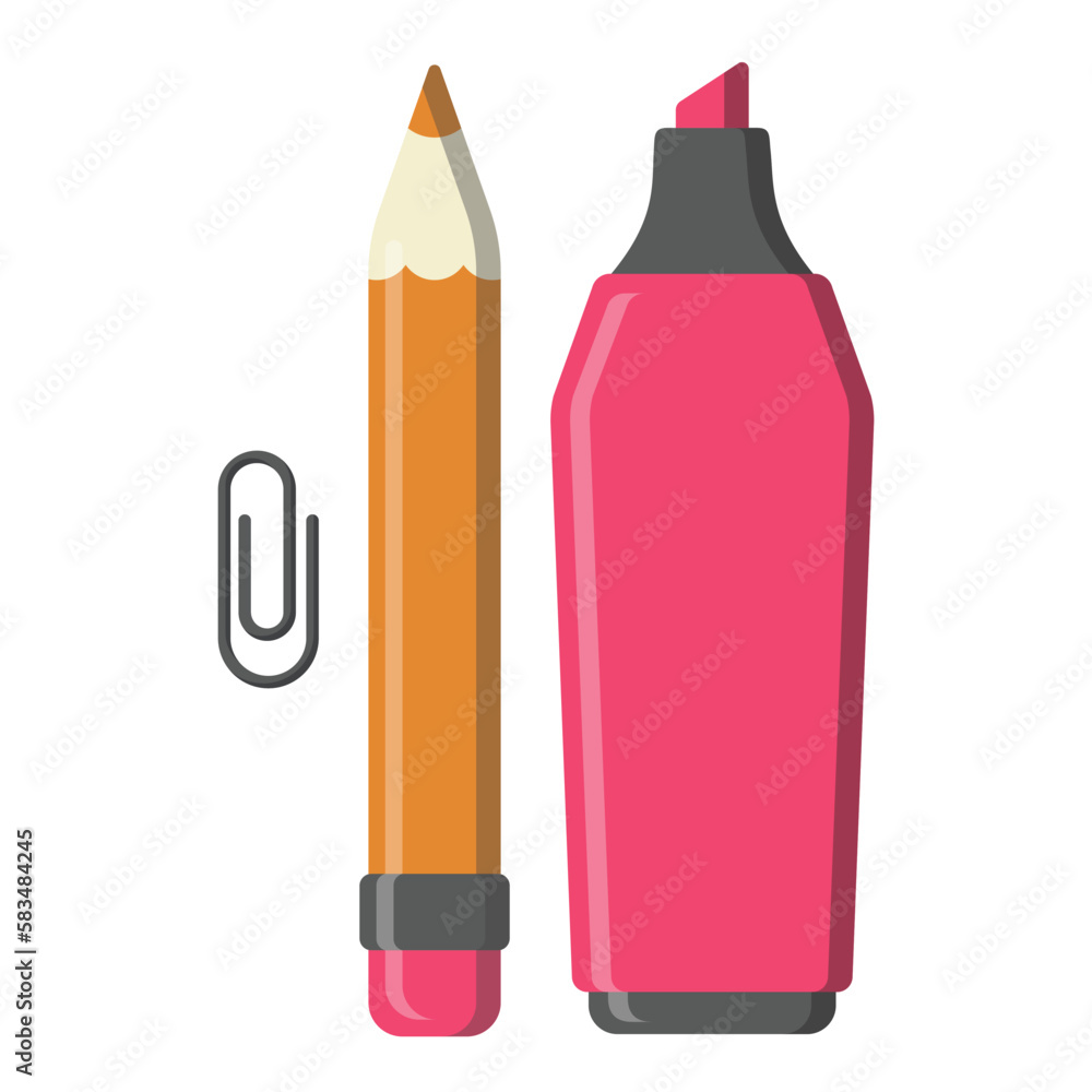 Stationery set. Pencil, Highlighter, and paper clip in classic colors. Stationery set. Pencil, Highlighter, and paper clip in classic colors.
